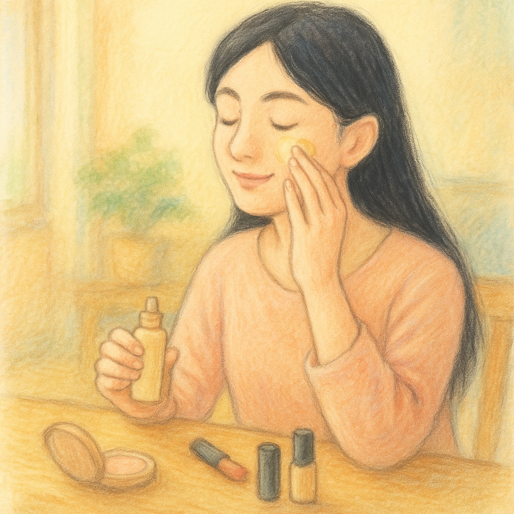 頬にファンデーションを塗る全盲ママのパステル画イラスト