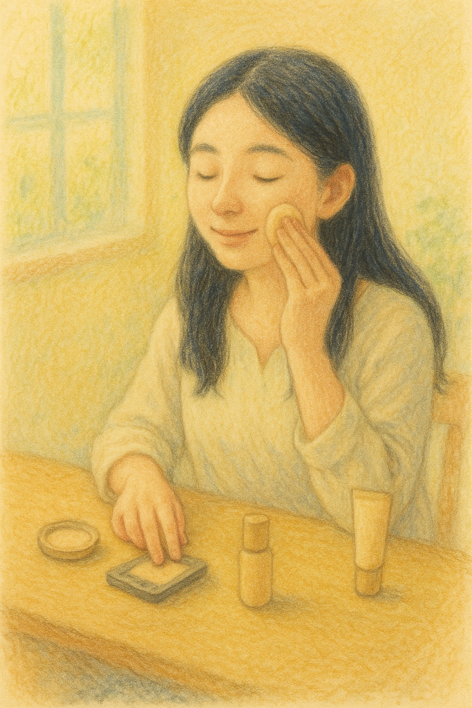 コンシーラーを指で馴染ませる全盲ママのパステル画イラスト