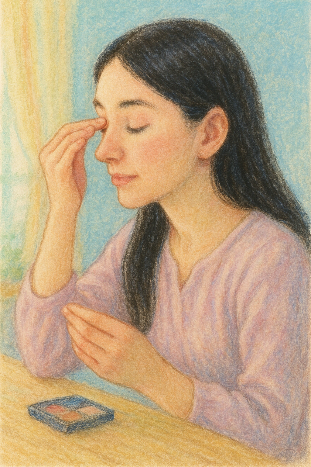 指でアイシャドウをまぶたに塗る全盲ママのパステル画イラスト。鏡を使わず、感覚でメイクを楽しむやさしい表情の女性が、明るいリビングの自然光の中で穏やかに微笑んでいる。