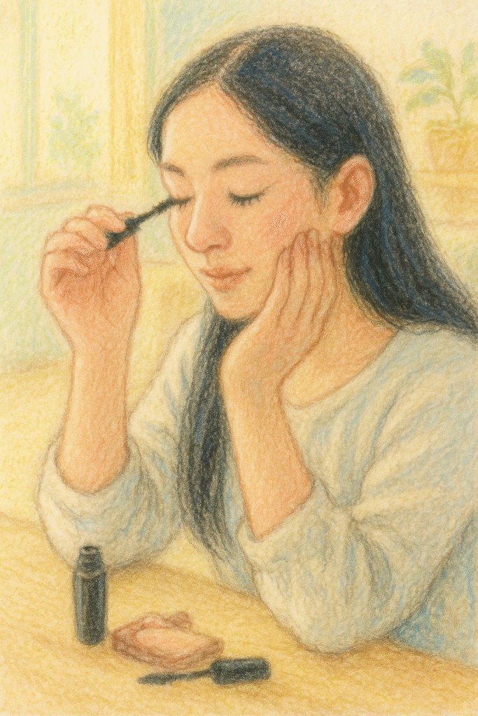 マスカラを慎重に塗る全盲ママのパステル画イラスト。鏡を使わず、静かな集中の中でメイクを楽しむ様子を描いた温かい雰囲気。