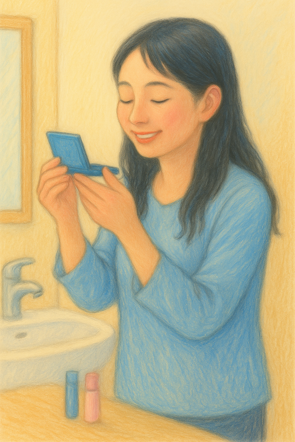 洗面所の前で立ってメイクをする全盲ママのパステル画イラスト。青い服の女性がコンパクトを手に微笑んでいる様子。