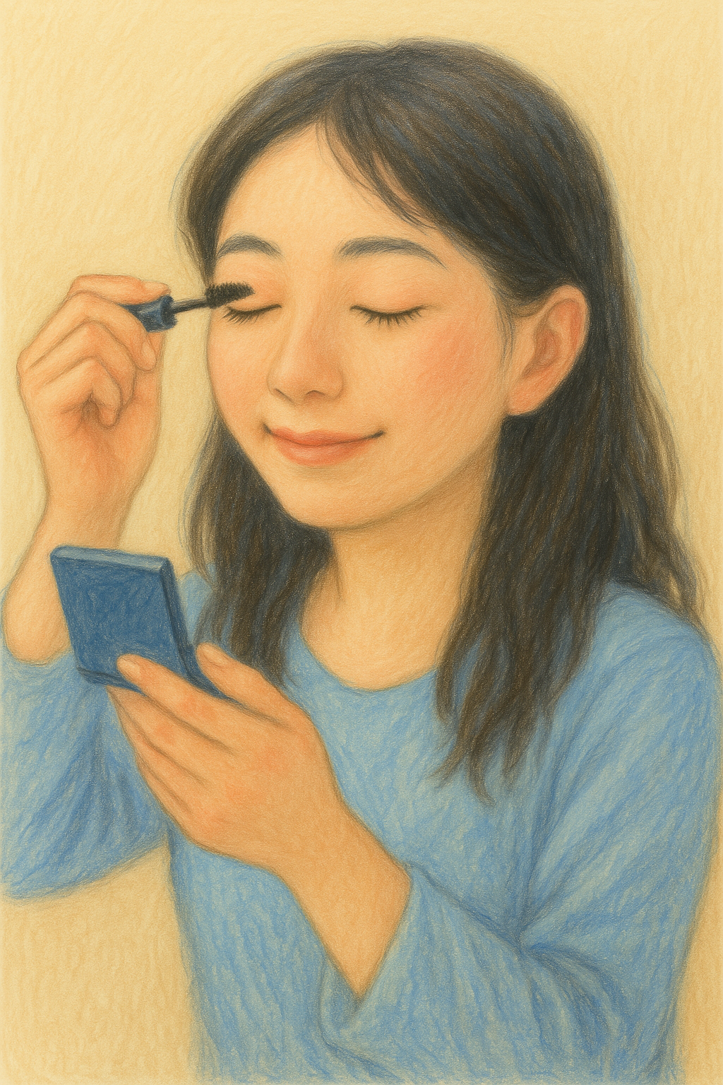 マスカラを塗る全盲ママのパステル画イラスト。青い服の女性がコンパクトを片手に時短メイクをしている場面。