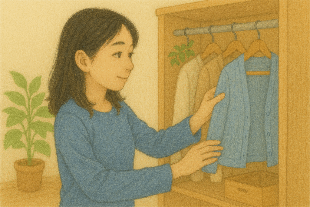 ローゼットの服を手で確かめながら整理する全盲ママの水彩風イラスト