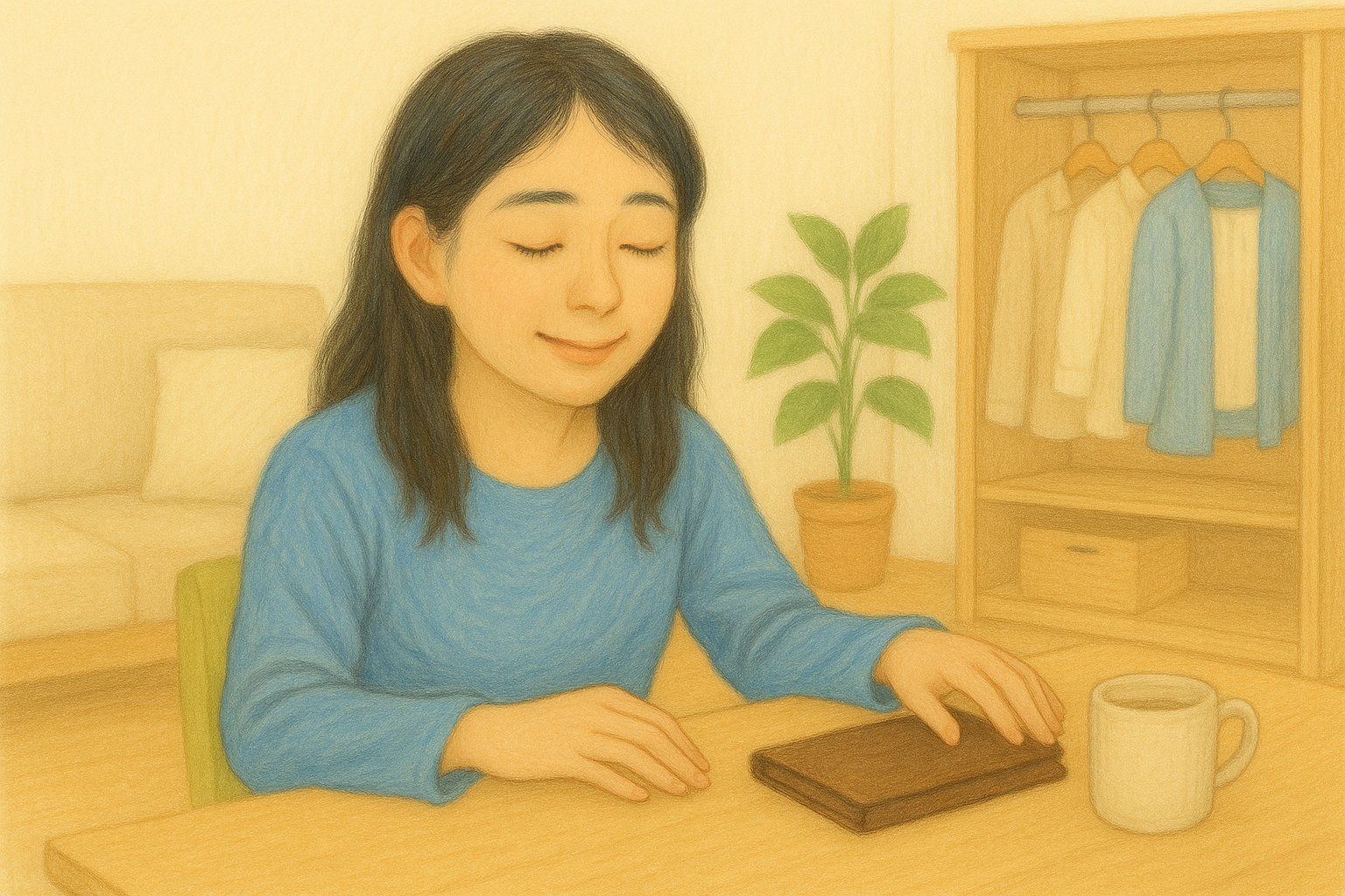 明るい部屋で、全盲のママが手触りで持ち物を確認しながら、シンプルな暮らしを楽しむ様子を描いた水彩風イラスト