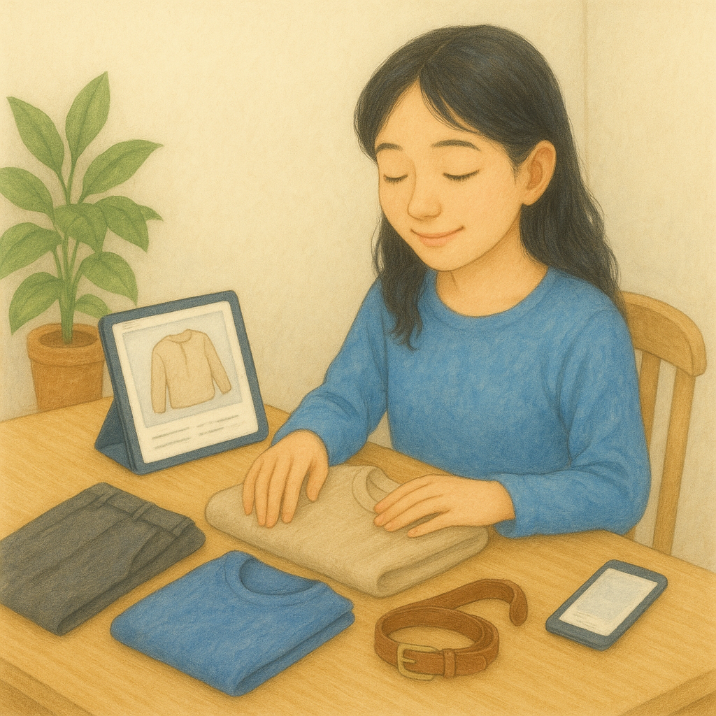 手持ちの服を触りながら、新しく買う服との相性を想像する全盲ママの水彩風イラスト