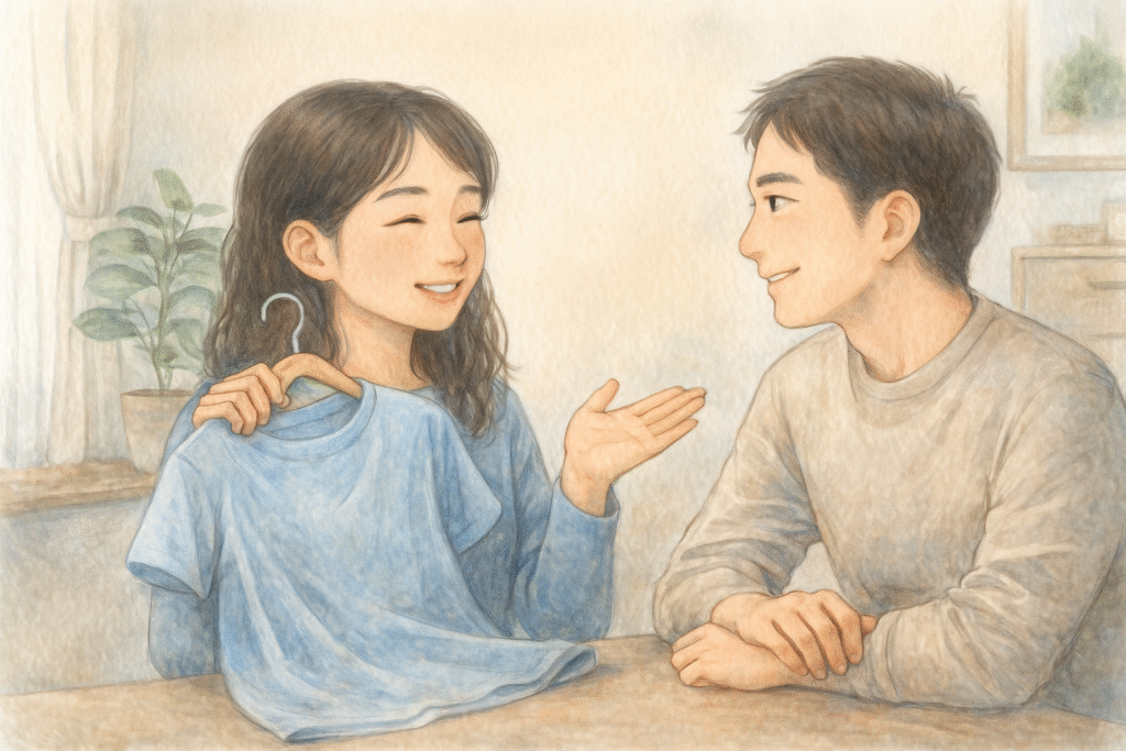 Tシャツの色のニュアンスをパートナーに言葉で伝える全盲ママのイラスト。