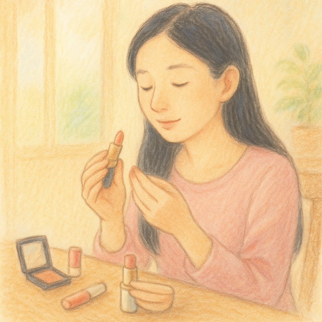 リビングテーブルにコスメを並べて触覚で確認する全盲ママのパステル画イラスト