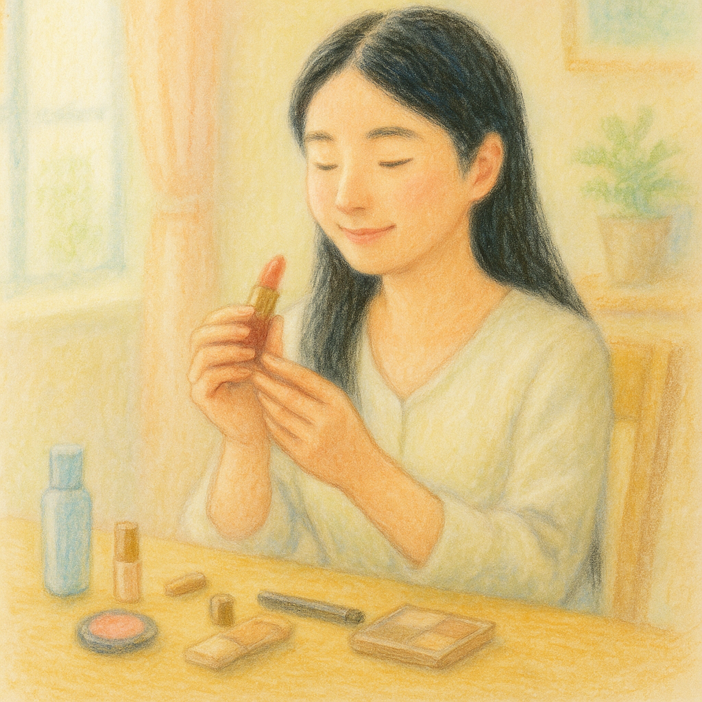 リップを手に取り、香りや質感を確かめる全盲ママのパステル画イラスト。鏡を使わず、感覚でコスメを楽しむ穏やかな表情が印象的。