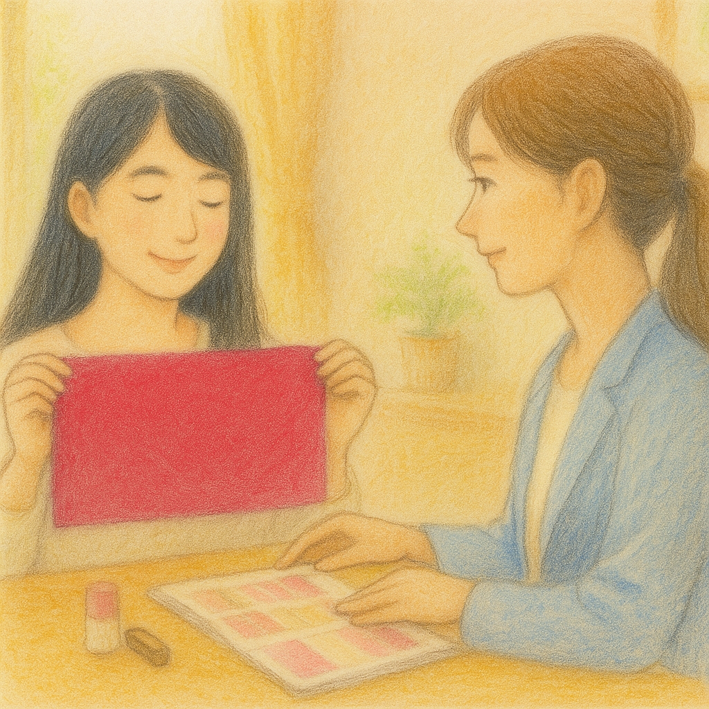パーソナルカラー診断を受ける全盲ママのパステル画イラスト