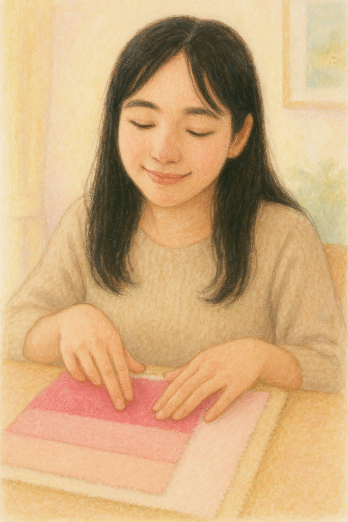 布見本を指で触って楽しむ全盲ママのパステル画イラスト。穏やかな表情で、ピンクやベージュの柔らかな色の布に指を滑らせながら感覚を味わっている様子。