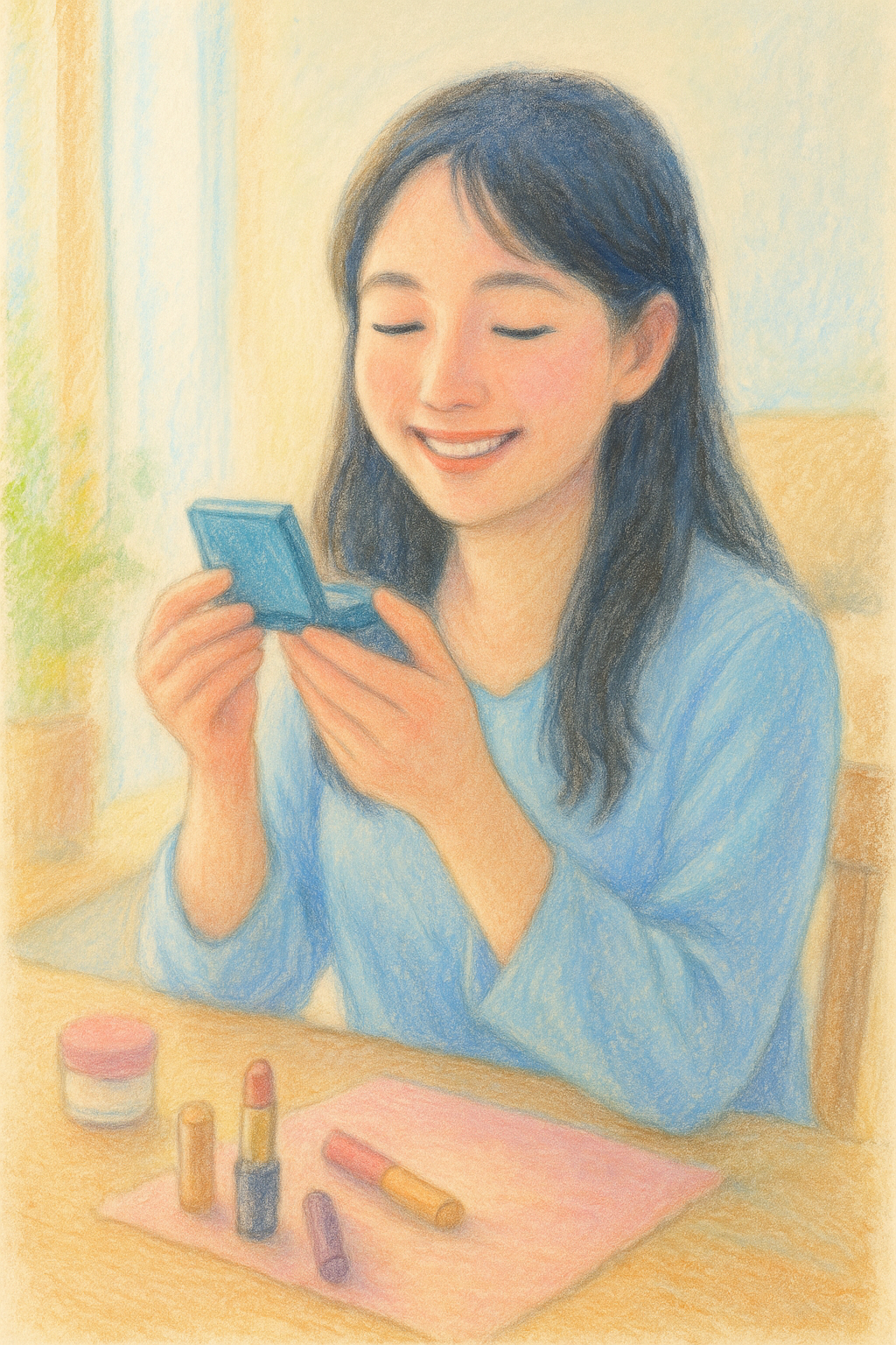 新しいコスメを手に取る全盲ママのパステル画イラスト