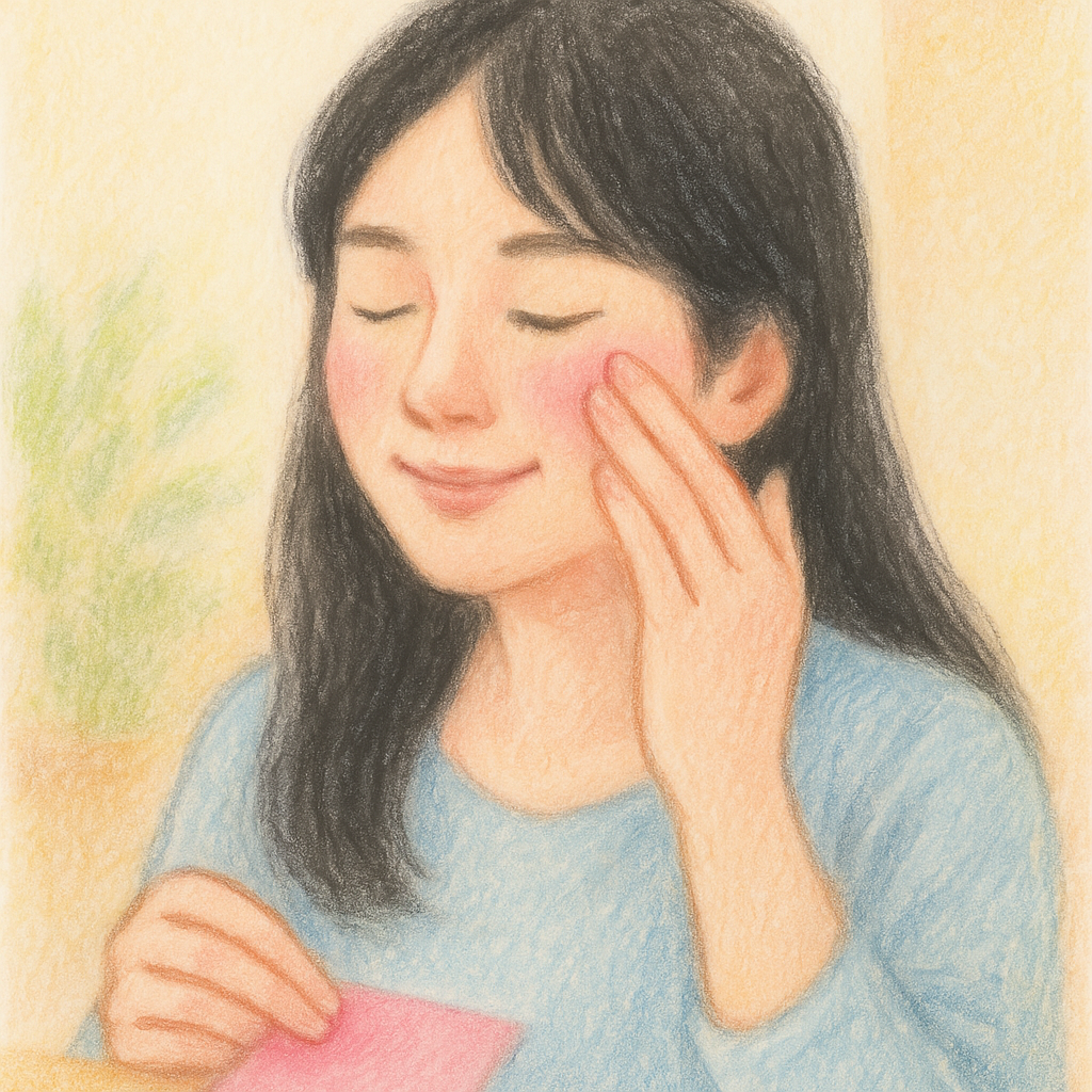 ピンク系チークを指で頬にぼかす全盲ママのパステル画イラスト