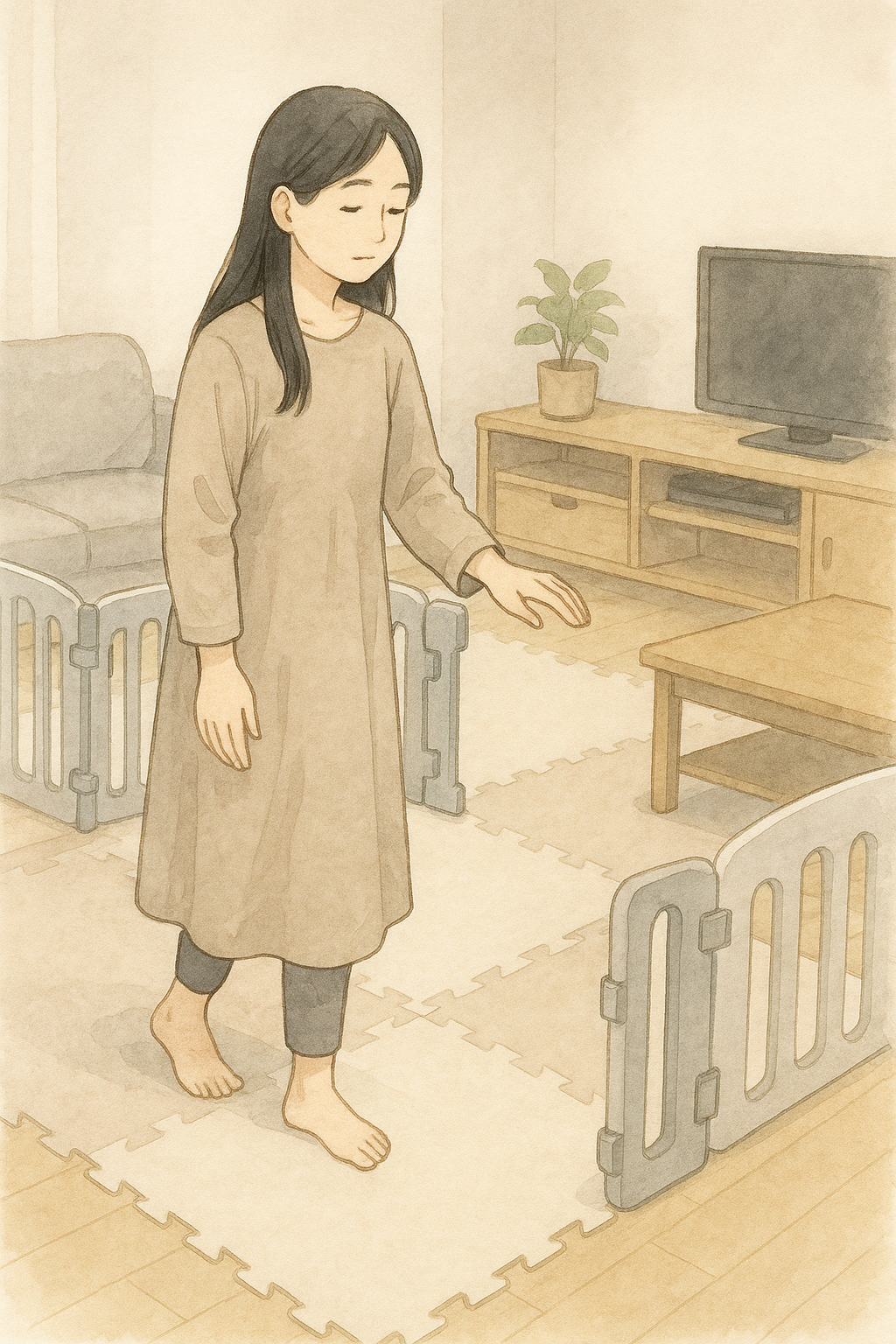 安全対策されたリビングで過ごす全盲ママの水彩イラスト