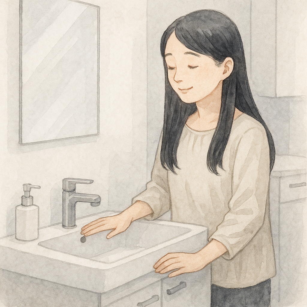 すっきり整えた洗面所で暮らす全盲ママの水彩イラスト