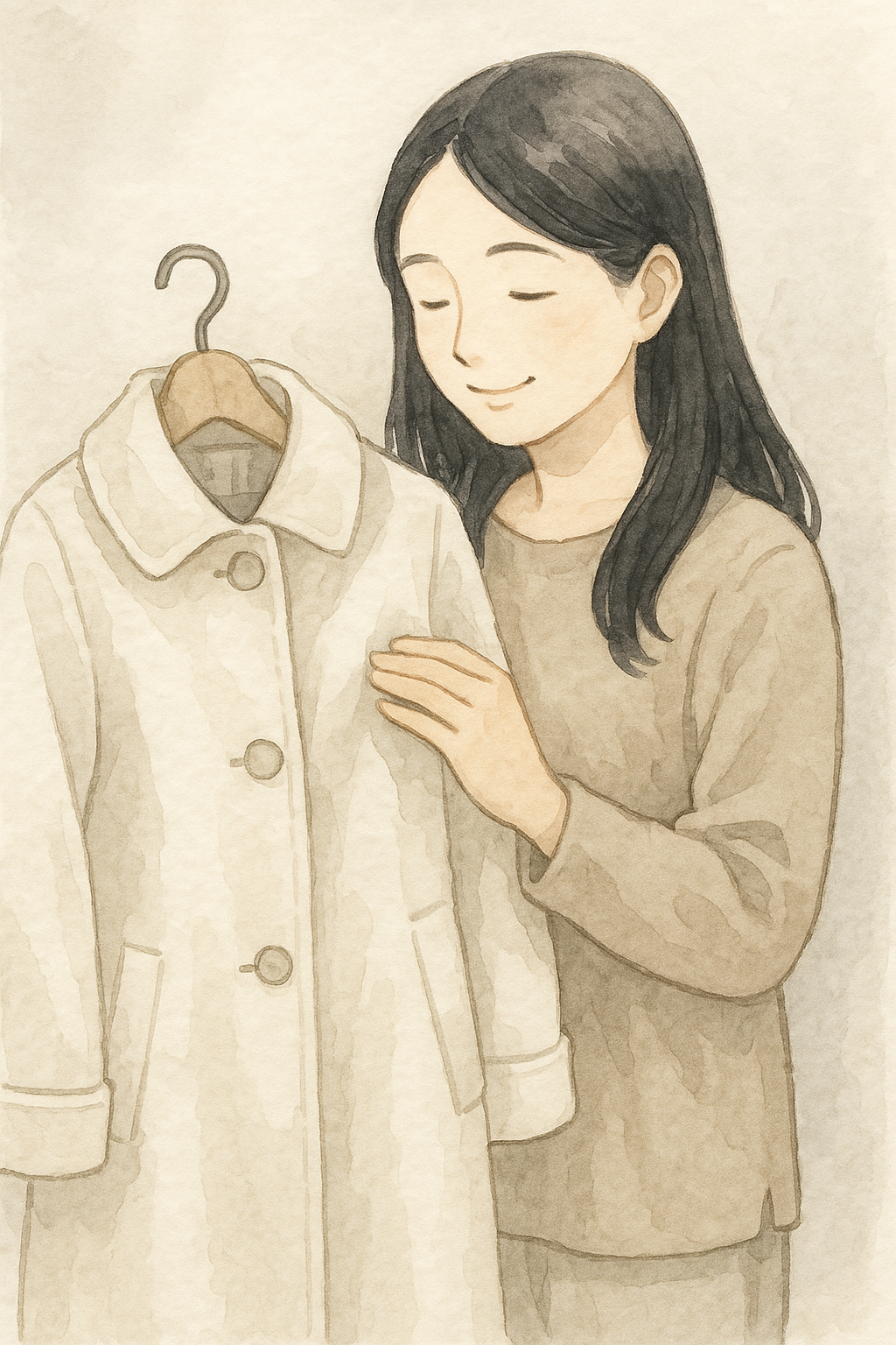 全盲の母がオフホワイトのコートを手に取り、穏やかに微笑んでいる水彩イラスト。
