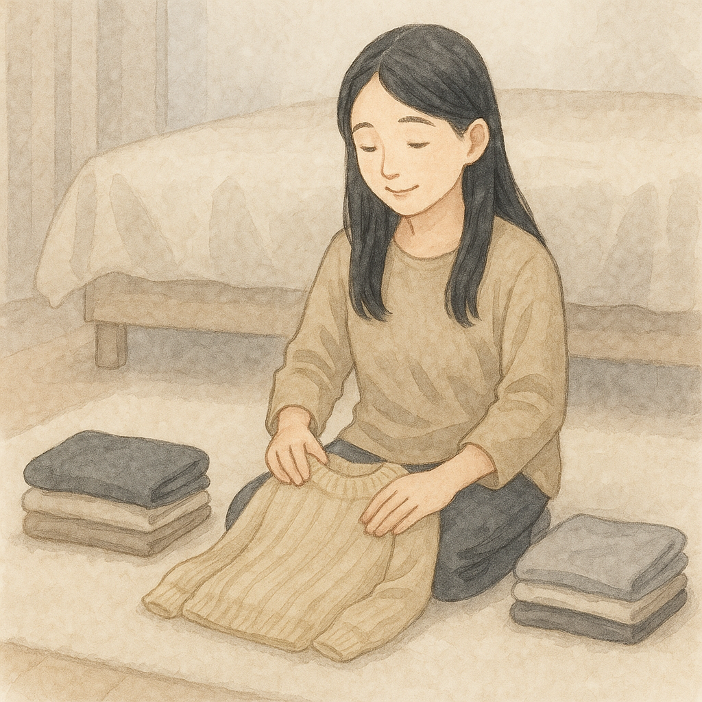 秋冬服を手触りで仕分けする全盲ママの水彩イラスト