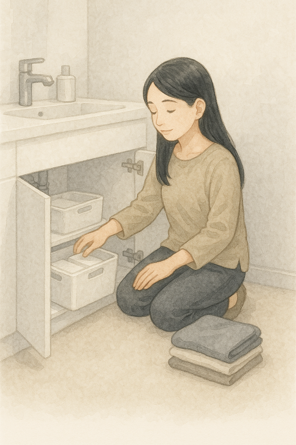 洗面所収納を整える全盲ママの水彩イラスト