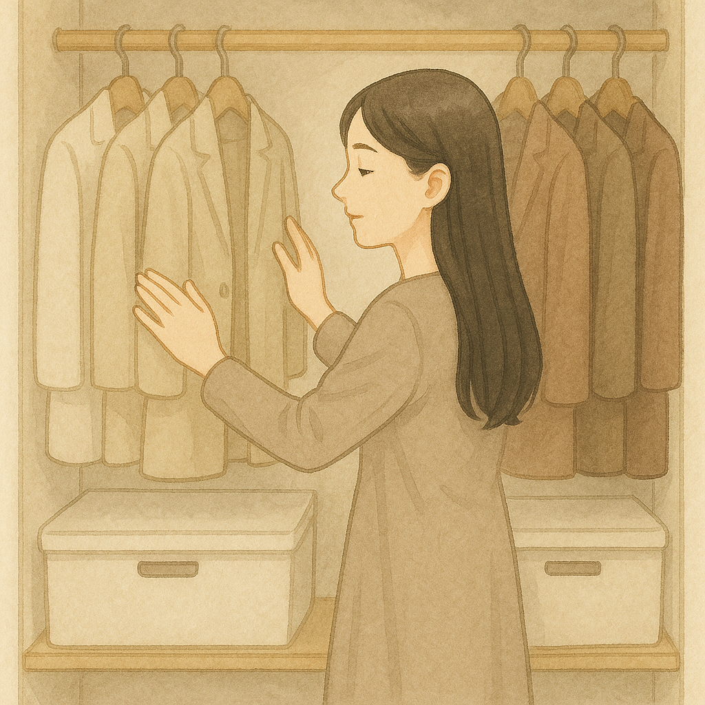 定位置ルールで整えたクローゼットを確認する全盲ママの水彩イラスト