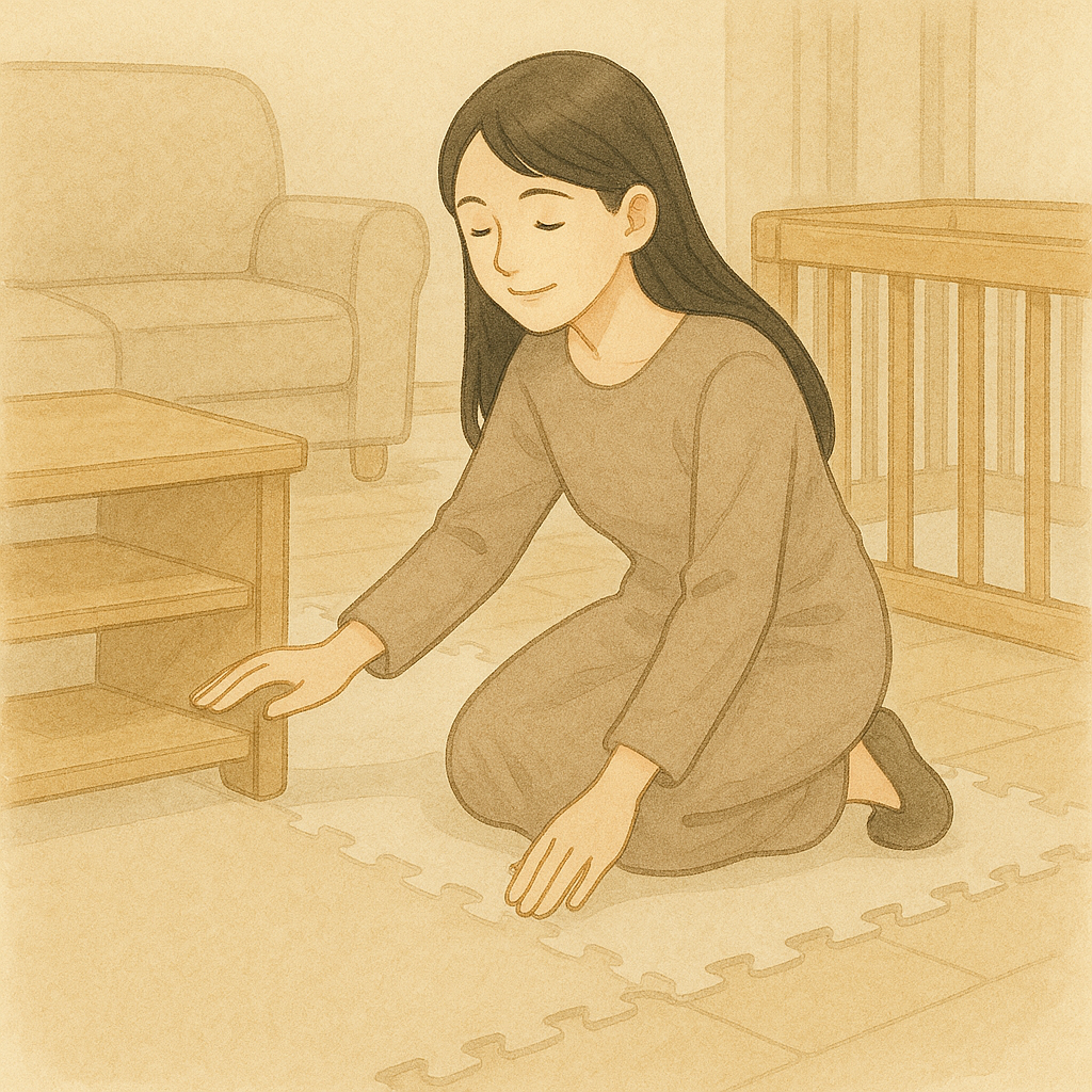 安全対策されたリビングで床を確認する全盲ママの水彩イラス