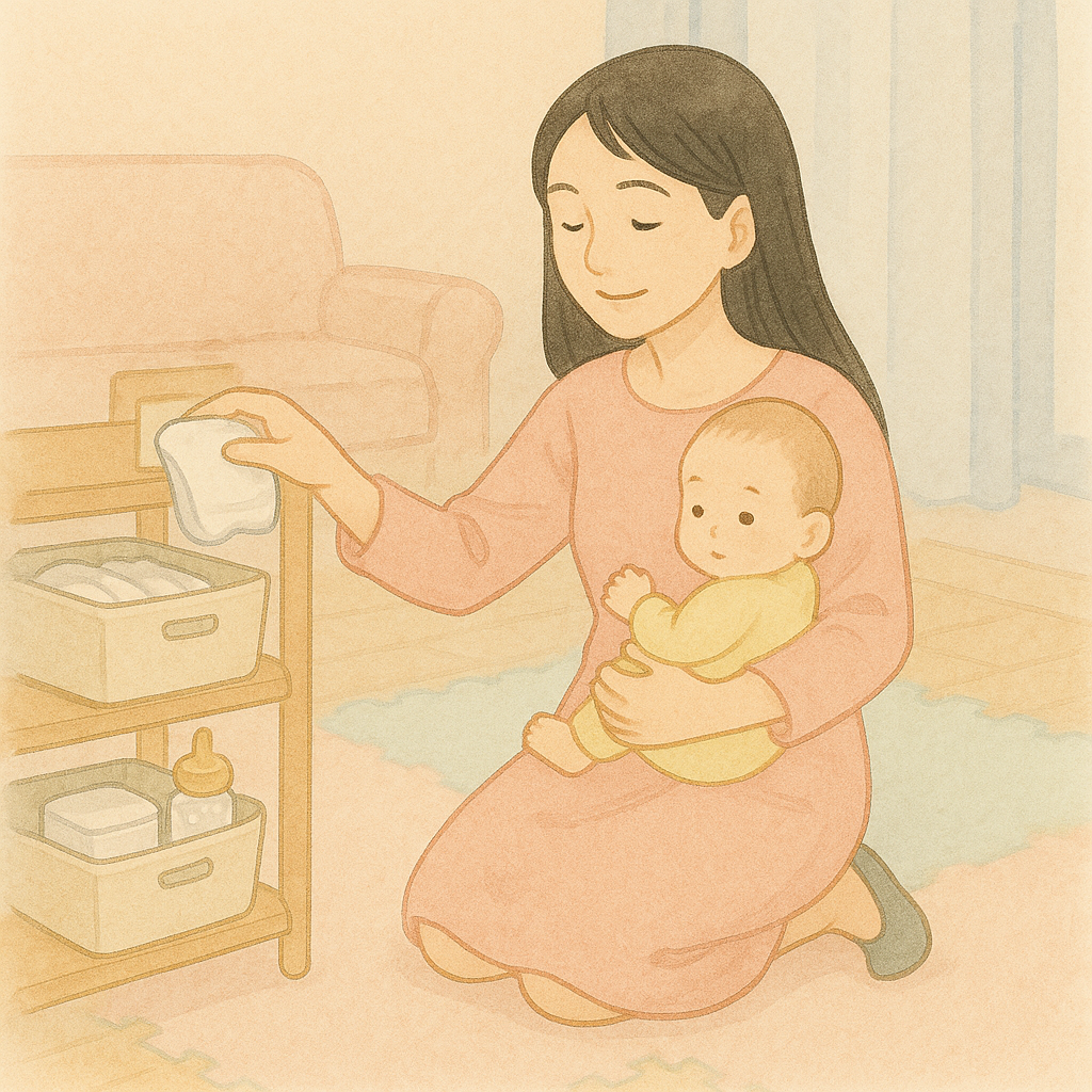 赤ちゃんを抱きながらベビー用品を取り出す全盲ママの水彩イラスト