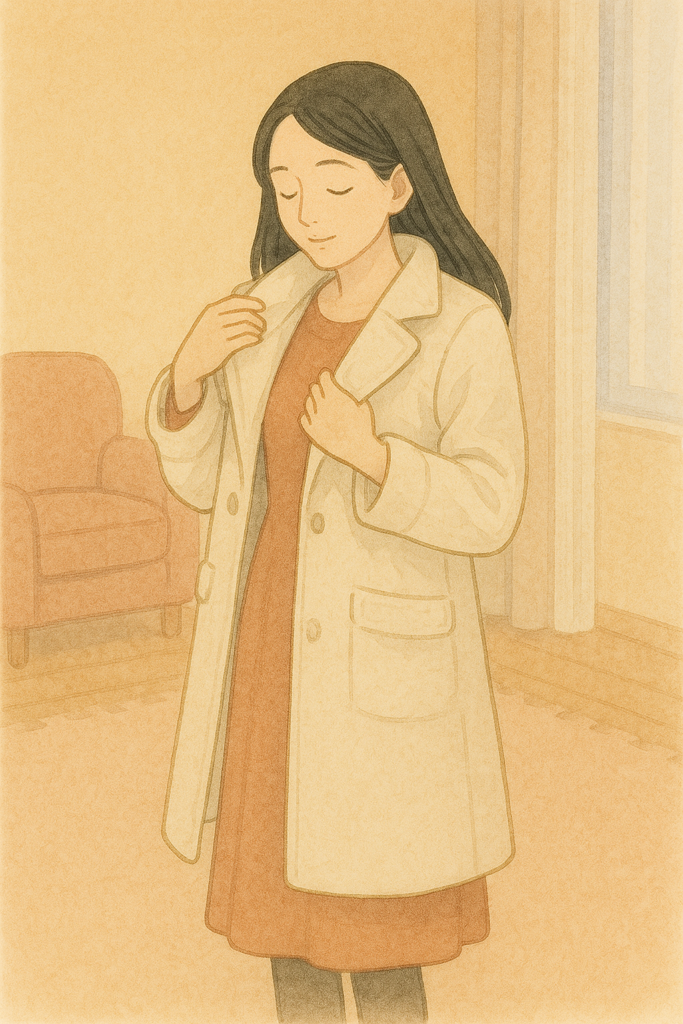 の一張羅コートを羽織る前に確かめる全盲ママの水彩イラスト