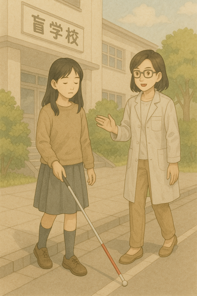 白杖を使って歩行訓練を受ける盲学校の全盲の女子学生のイラスト