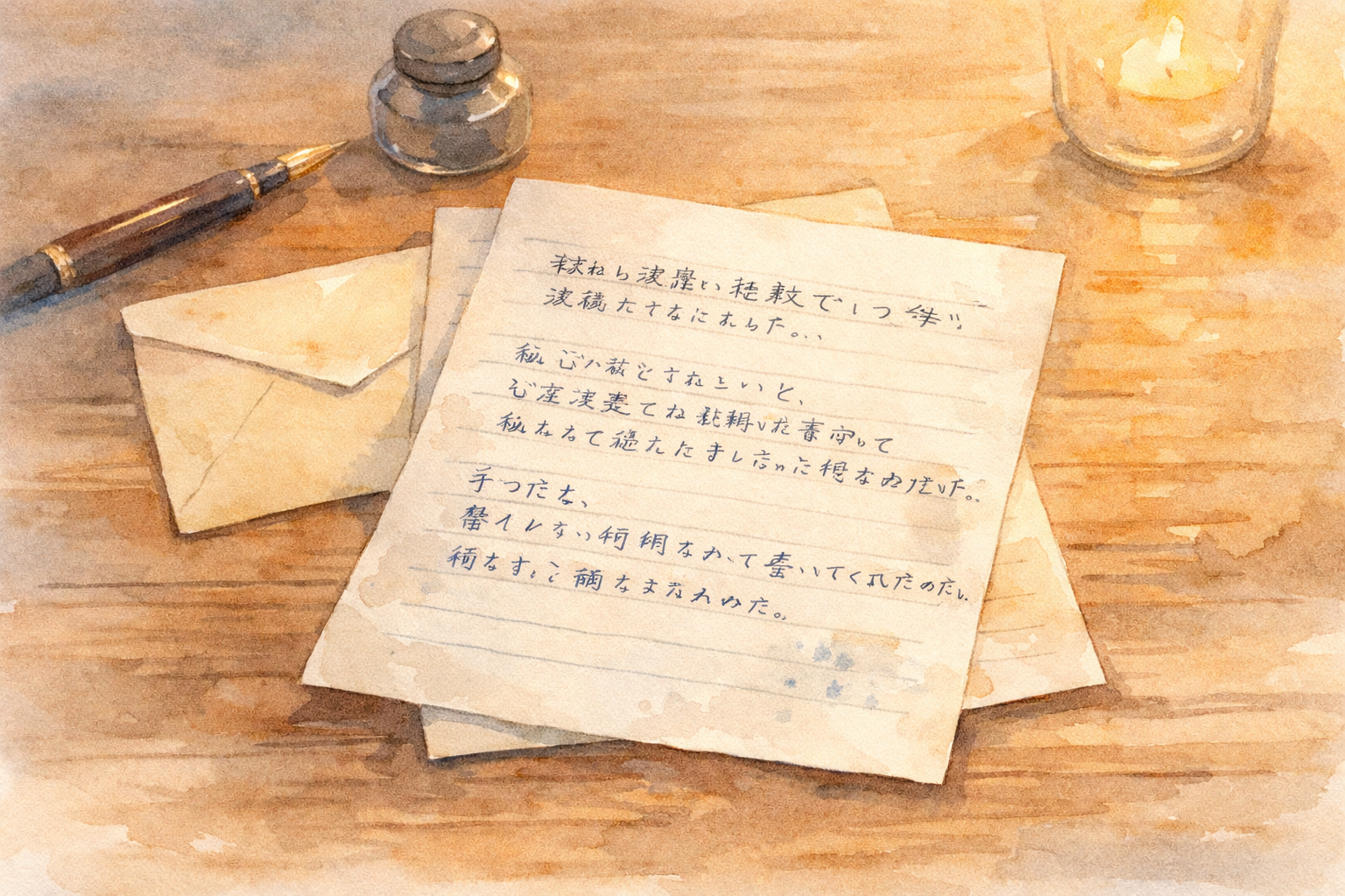 視力を失う直前に書かれた手書きの手紙（便箋）を描いた水彩イラスト