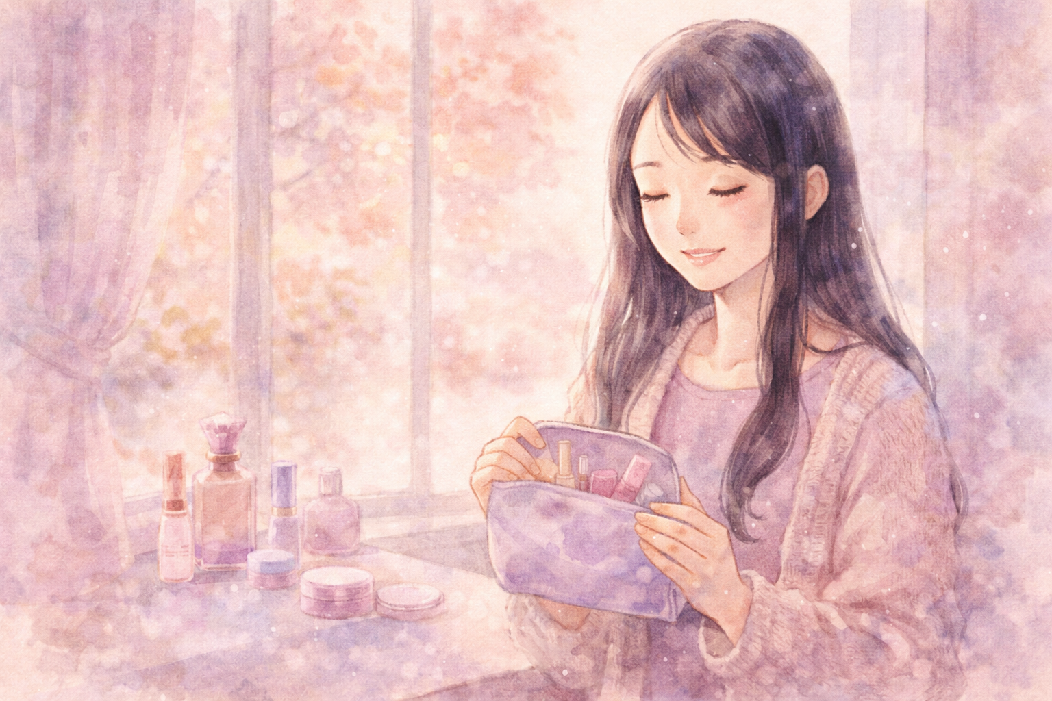 秋冬の午後、窓辺の自然光の中でメイクポーチを手に微笑む全盲ママの水彩イラスト