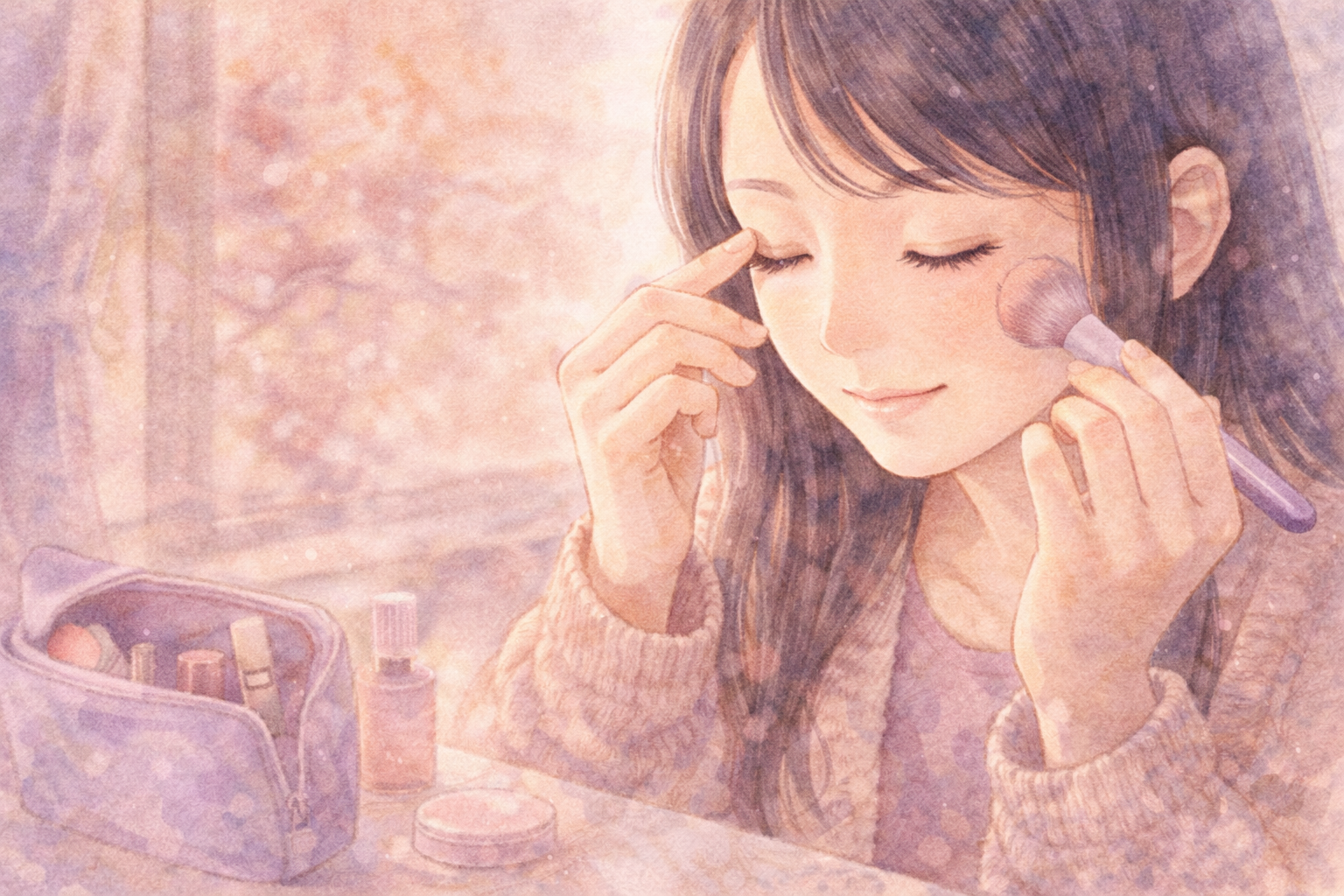 鏡を使わず感覚でアイメイクをする全盲ママの手元を描いた水彩イラスト