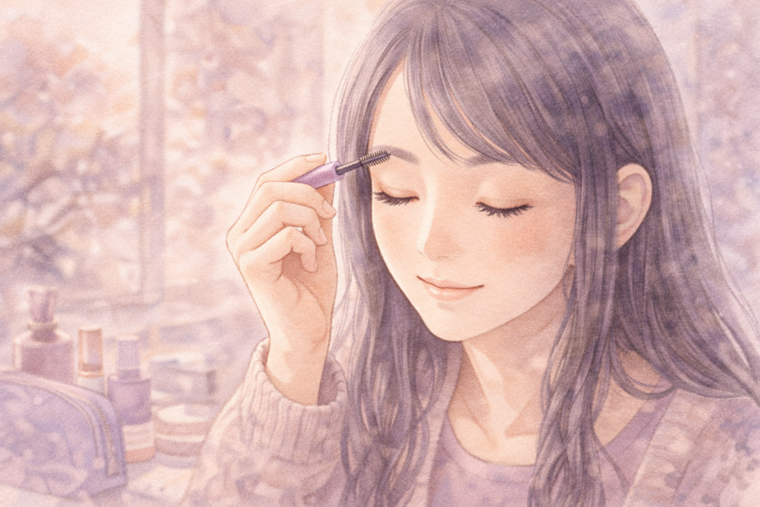 アイブロウマスカラを塗りながら微笑む女性のパステル調イラスト