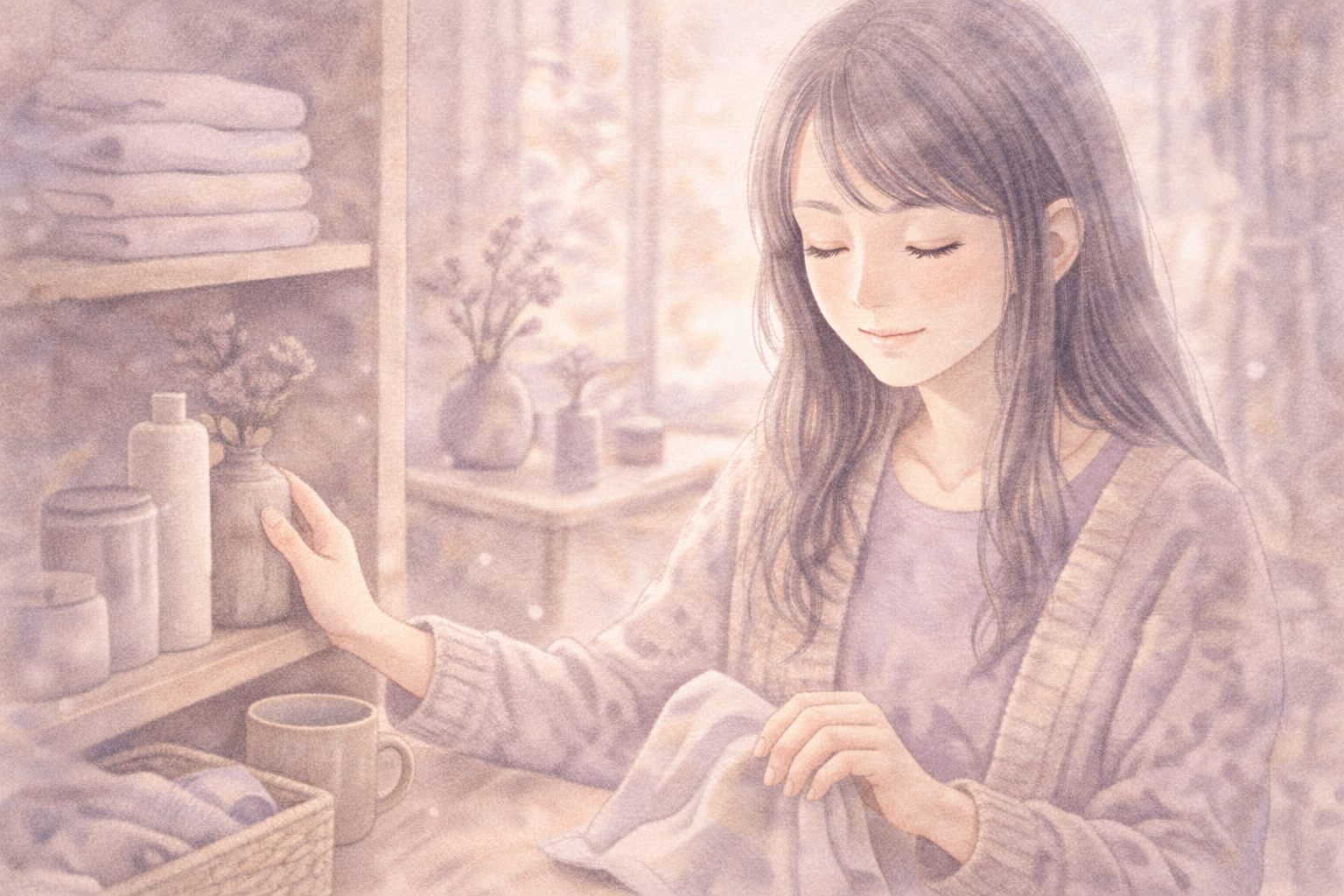 クローゼットの前で、服の質感を手で確かめながら今日のコーデを選ぶ全盲ママの水彩イラスト