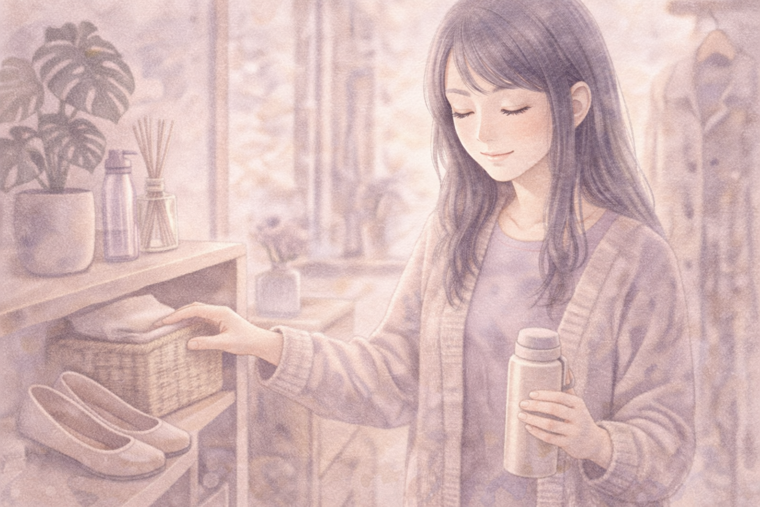 明るい部屋で、全盲のママが手触りで持ち物を確認しながら、シンプルな暮らしを楽しむ様子を描いた水彩風イラスト