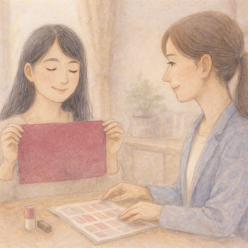 パーソナルカラー診断を受ける全盲ママのパステル画イラスト