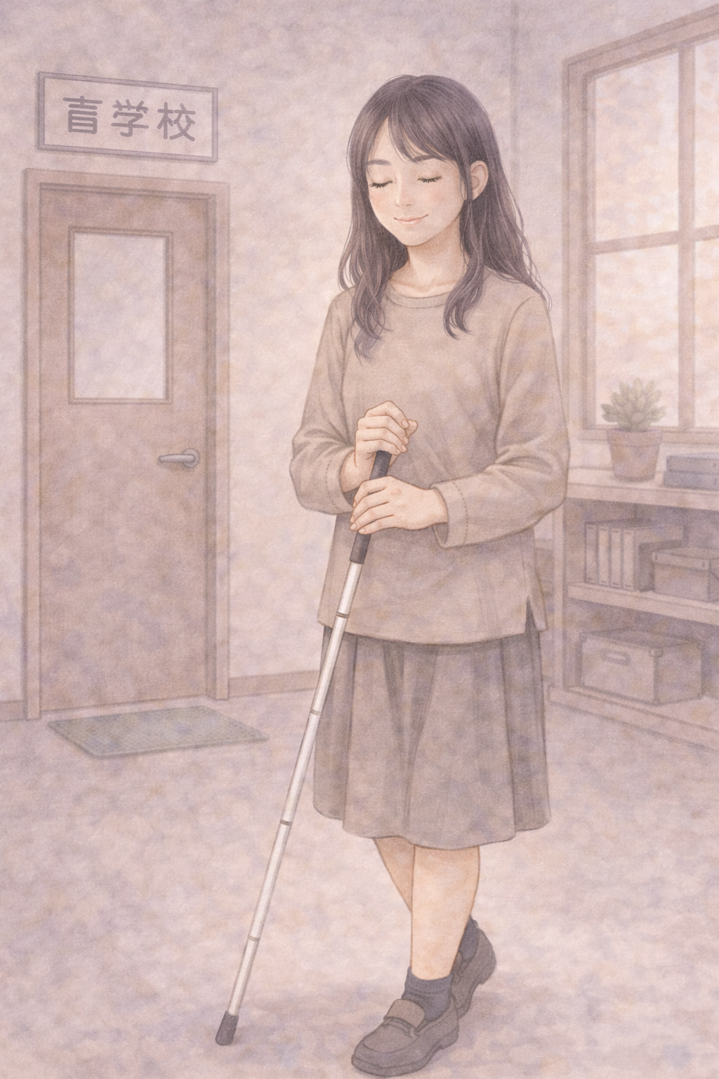 盲学校で学ぶ全盲の女子学生が白杖を持って校内を歩く様子のイラスト