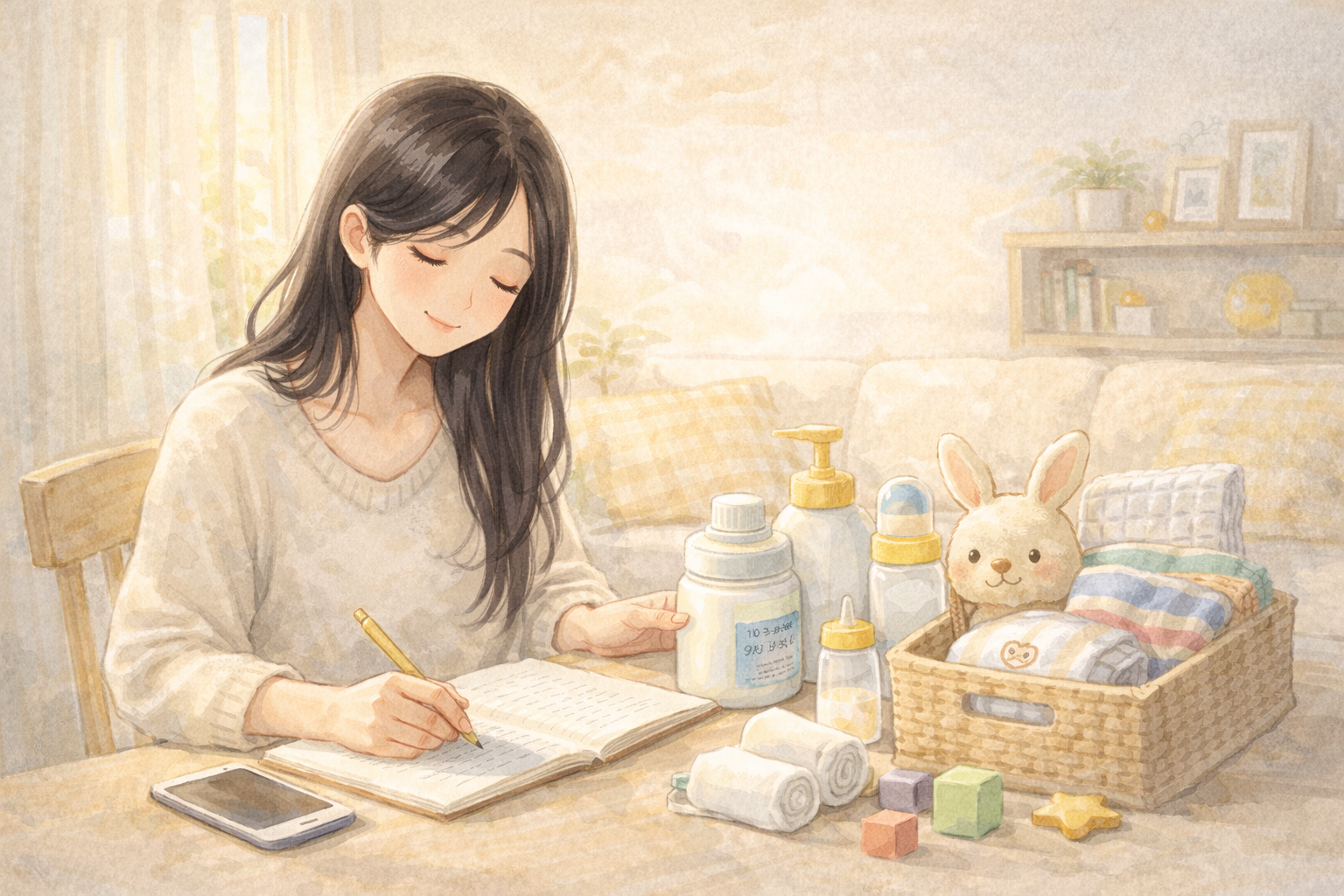 育児グッズを手で確認しながらノートに書き留める全盲ママの様子を描いた水彩イラスト