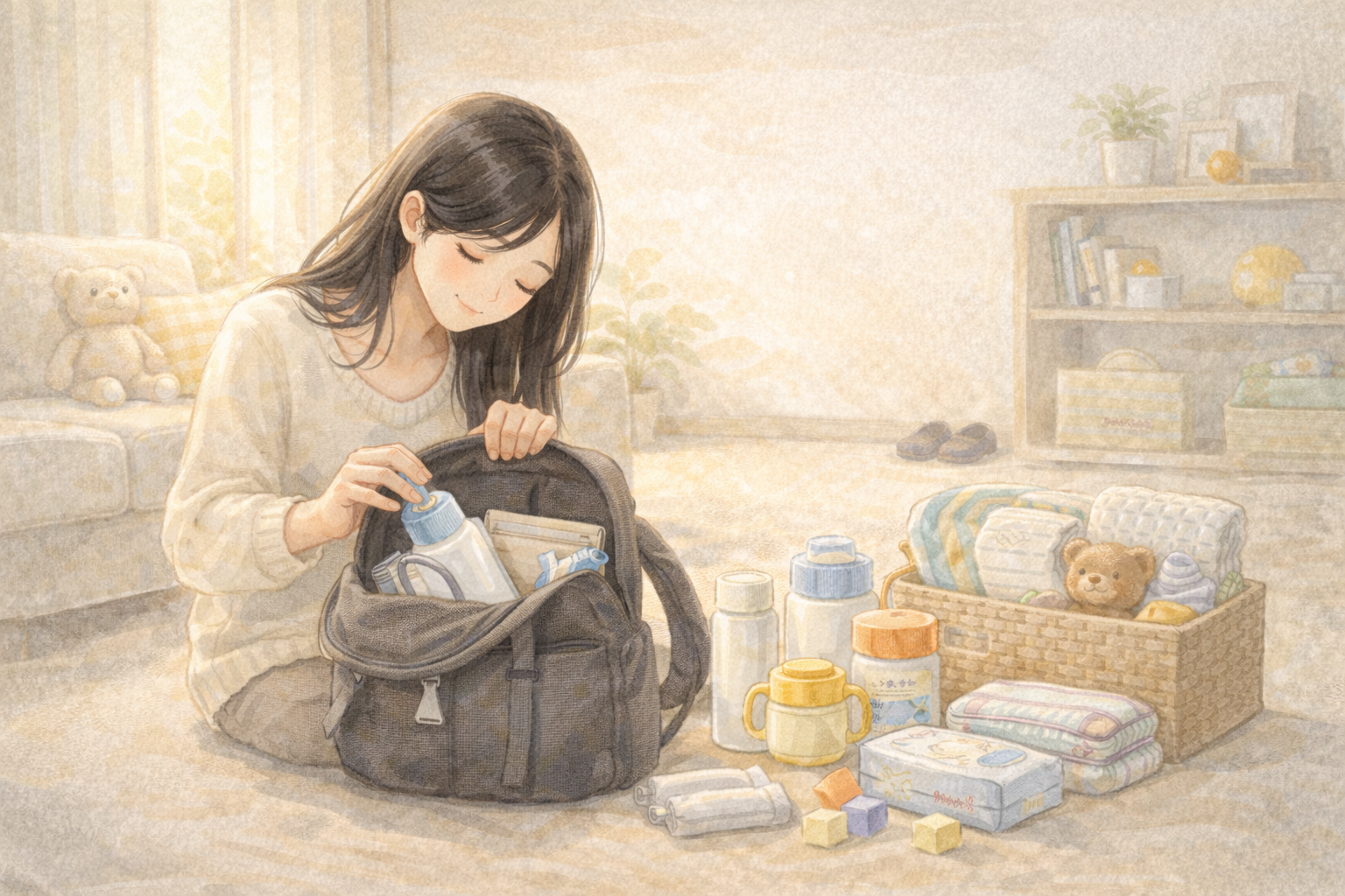 お出かけ用リュックの中身を確認しながら、育児グッズを準備する全盲ママの水彩イラスト