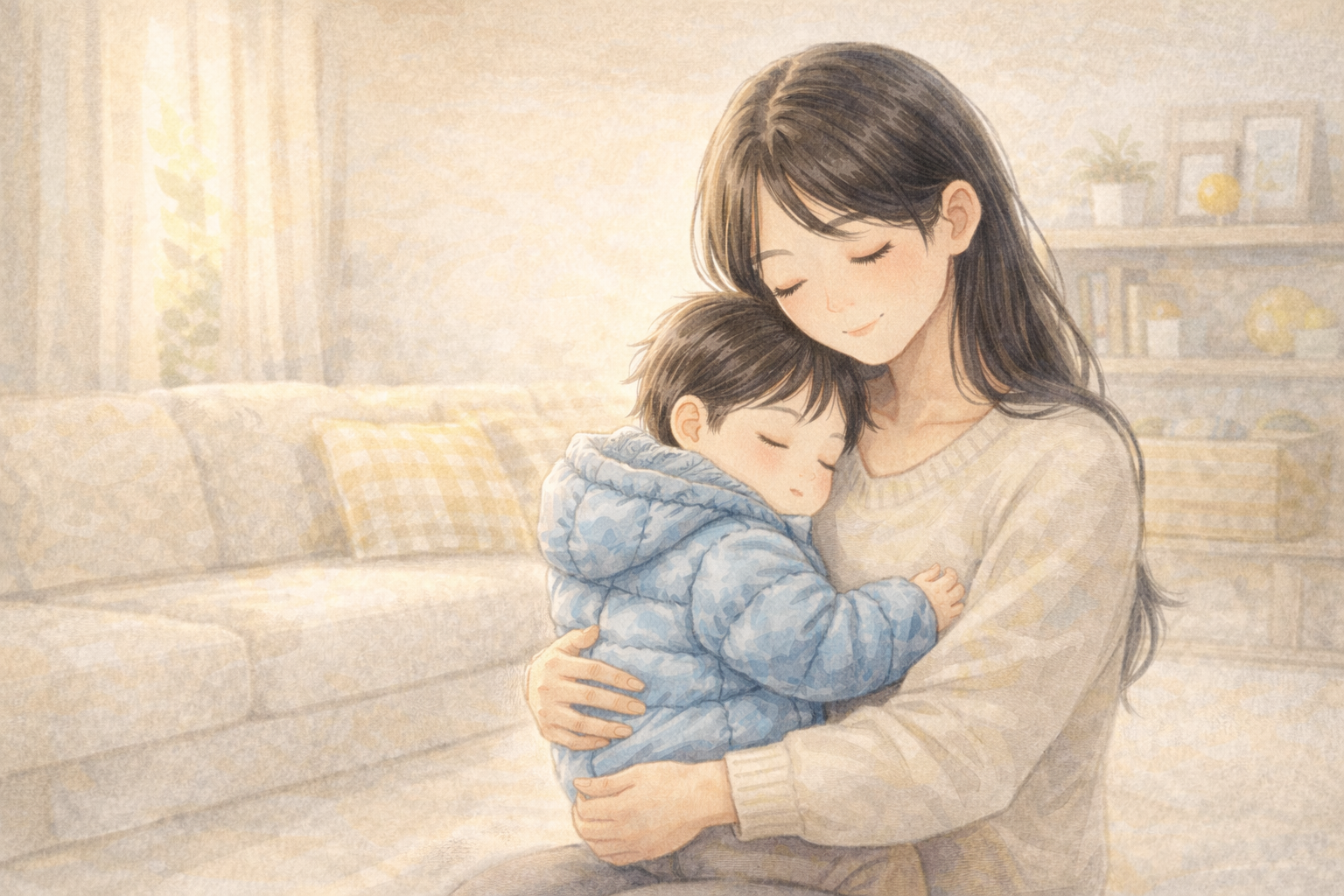 子ども用ダウンを着た1歳の息子をやさしく抱きしめる全盲ママの水彩イラスト