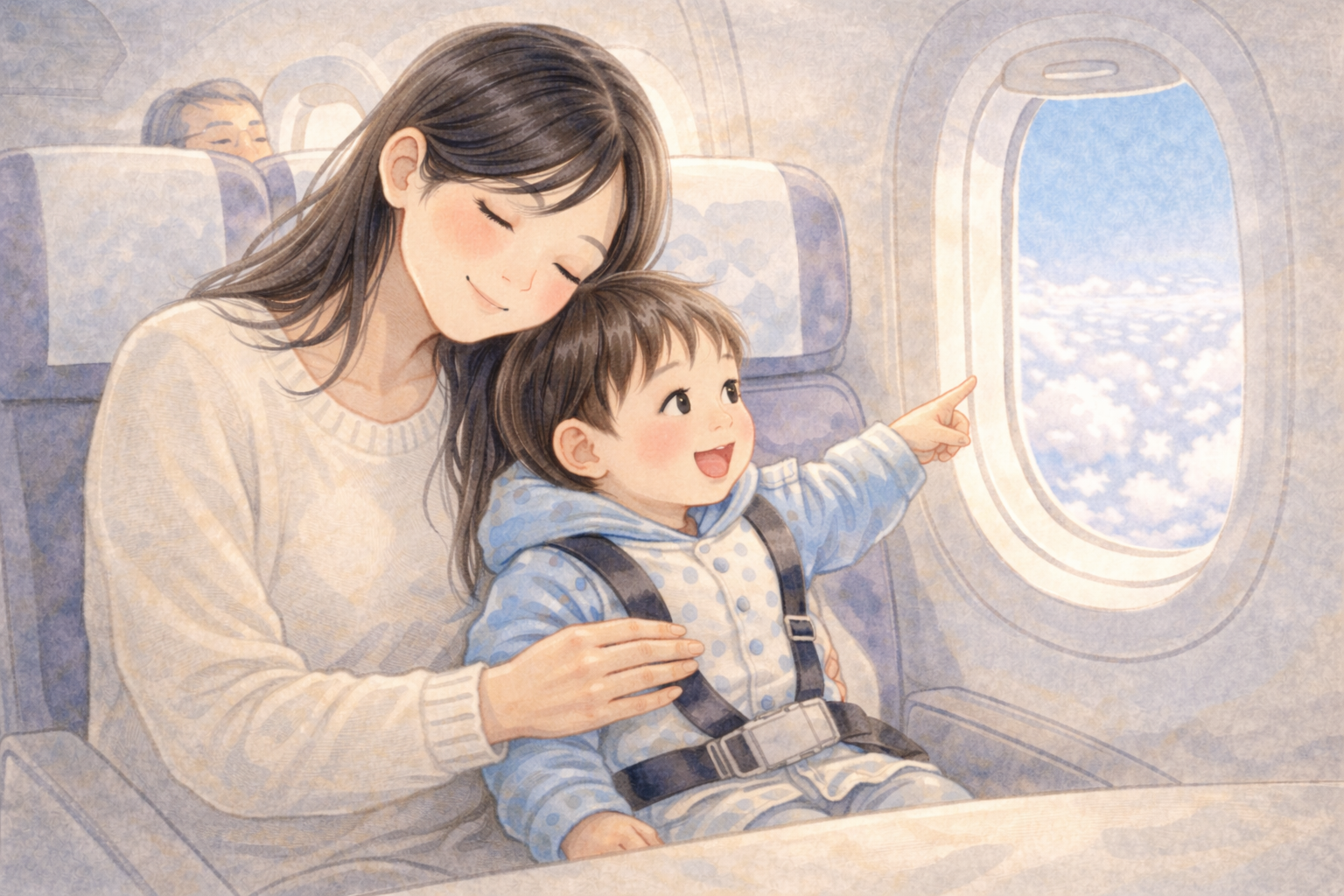 飛行機の座席で1歳の息子を抱き、窓の外を指さす様子を見守る全盲ママの水彩イラスト