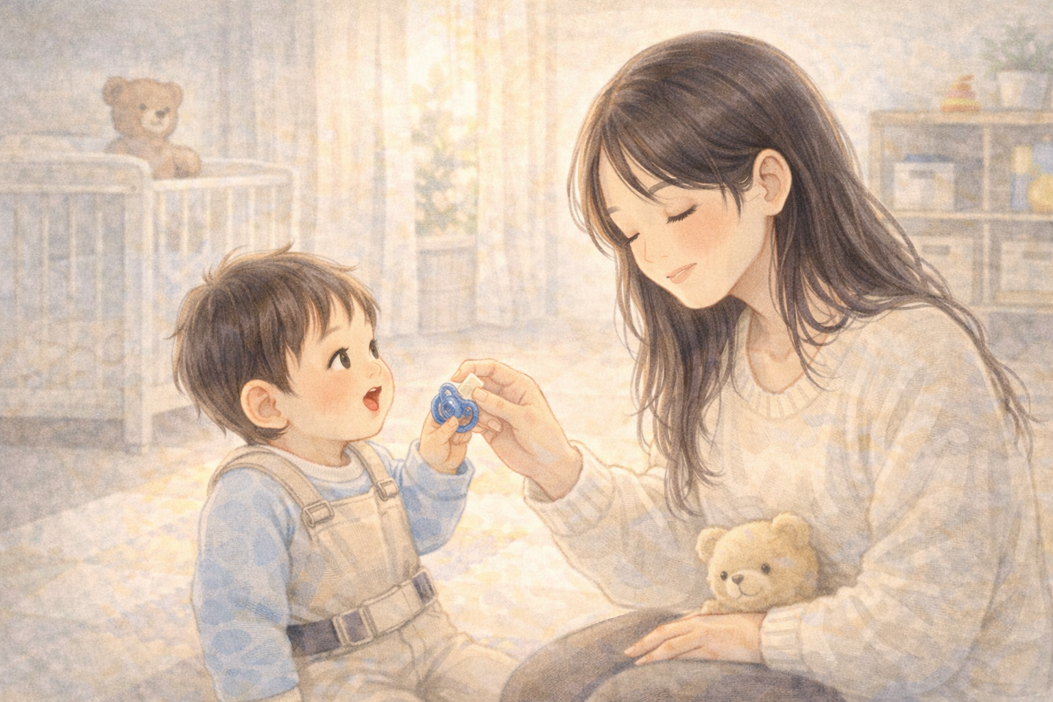 おしゃぶりを手渡す1歳の息子をやさしく受け止める全盲ママの、おしゃぶり卒業を描いた水彩イラスト