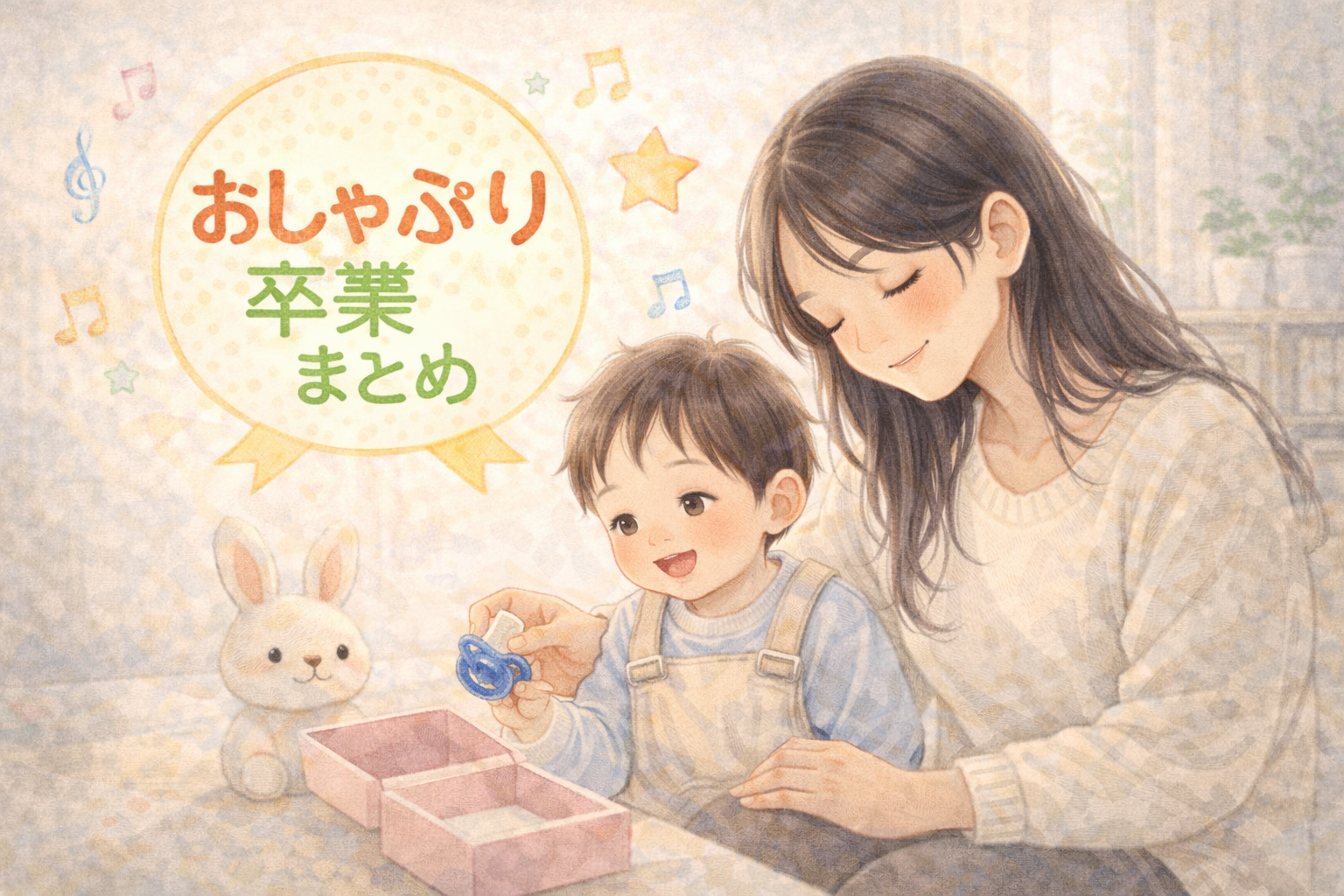 おしゃぶりを箱にしまいながら、成長を見守る全盲ママと1歳の息子の穏やかな時間を描いた水彩イラスト