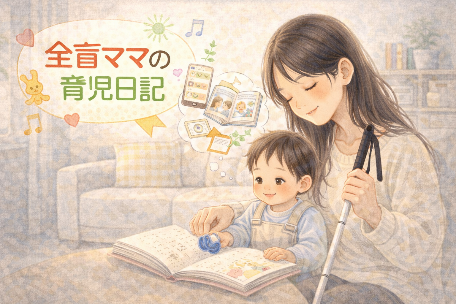 日記アプリに言葉で成長を記録する全盲ママと、そばで過ごす1歳の息子を描いた水彩イラスト