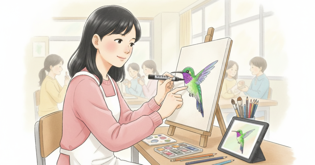 盲学校の美術部で、ハチドリの絵を描く全盲の女子生徒の水彩イラスト。タブレットを使いながら制作している様子