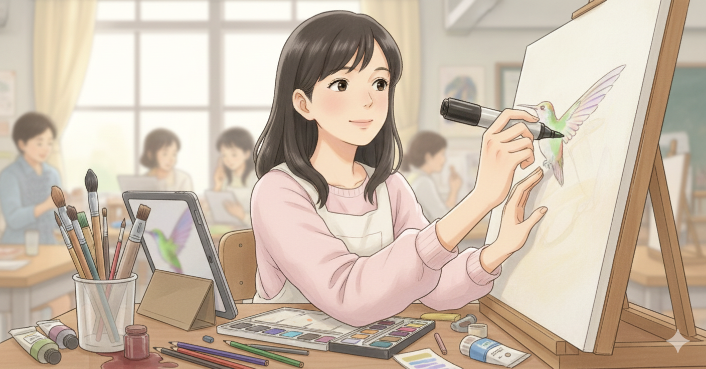 盲学校の美術室で、キャンバスに描かれたハチドリの絵に油絵具で色を乗せる高校生時代の全盲ママのイラスト。手元には拡大表示用のタブレットと太いマジックがあり、一生懸命に表現を楽しむ様子。パステル風の優しいタッチ。