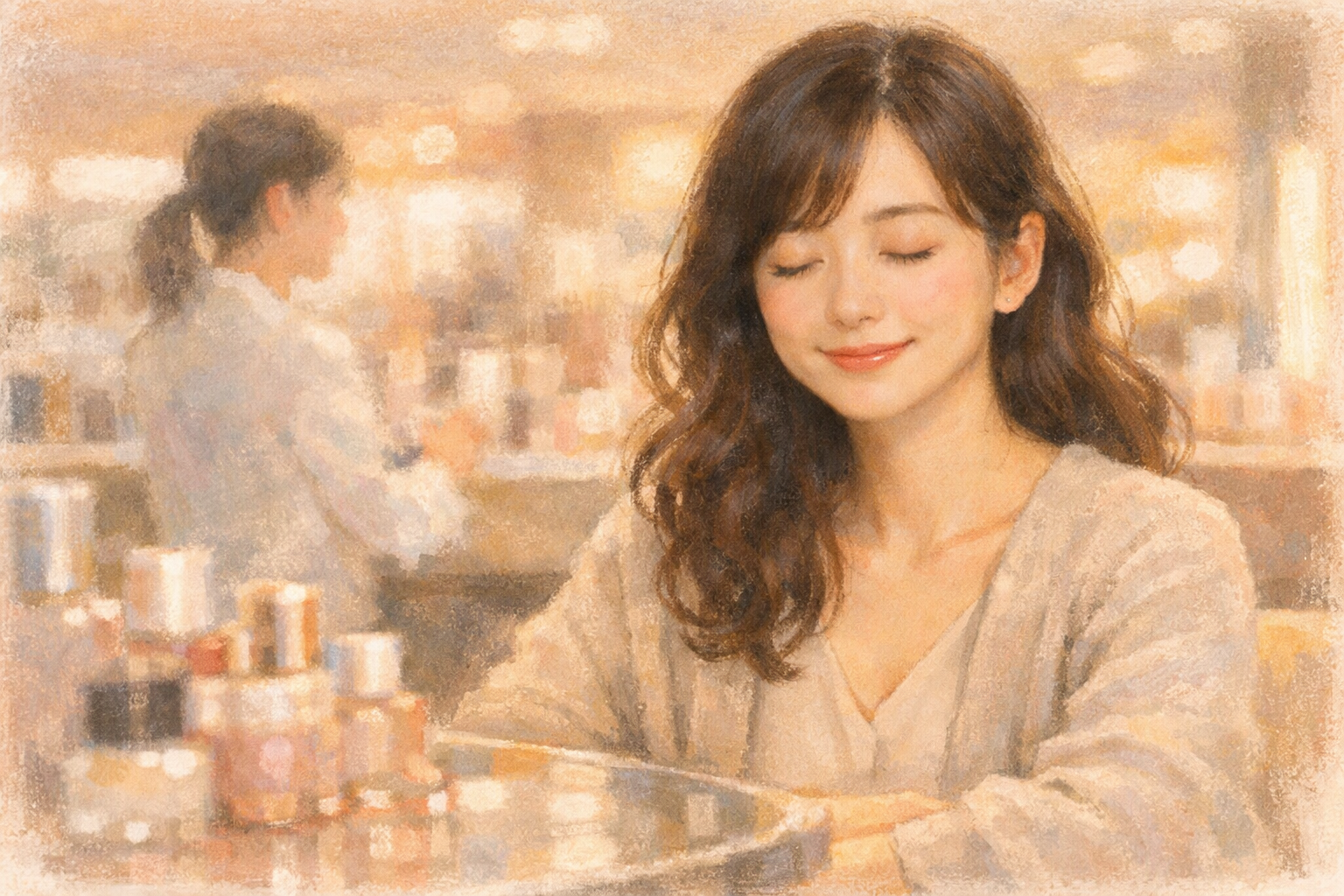 やさしく目を閉じた女性が、デパートのコスメカウンターで穏やかに座っているパステル画。温かい照明の中、初めての体験に少し緊張しながらも前向きな表情。