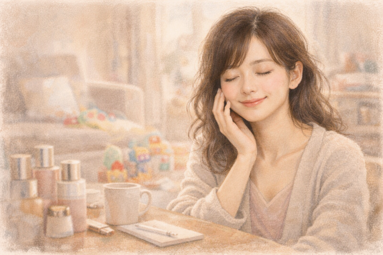 目を閉じた女性が、リビングの木のテーブルでメイクをしているパステル画。部屋着のカーディガン姿で、背景にはぼんやりと子どものおもちゃが見える温かな日常風景。