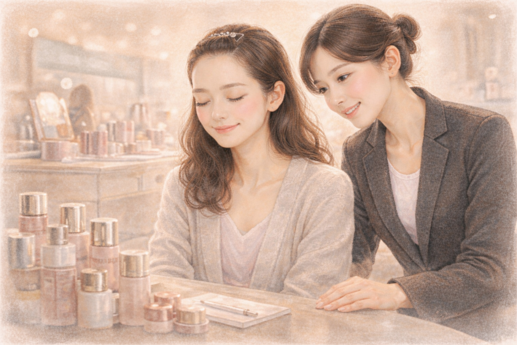 やわらかなパステルタッチのイラスト。資生堂カウンターで目を閉じた女性の隣に、寄り添う姿勢で立つ店員。女性はパッチンドメで髪を留めおでこを出している。温かな光に包まれた安心感のある場面。