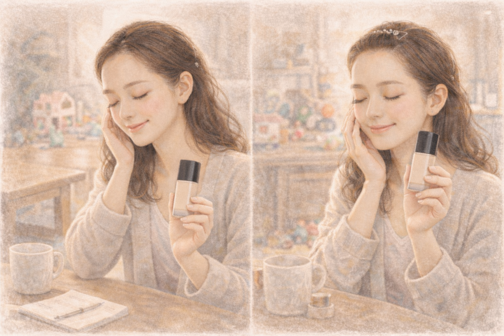 やわらかなパステルタッチのイラスト。リビングで目を閉じた女性が頬に触れている。部屋着のカーディガン姿で、生活小物が置かれた木のテーブル。背景にはぼかした子どものおもちゃがあり、温かな日常の空気が漂う。