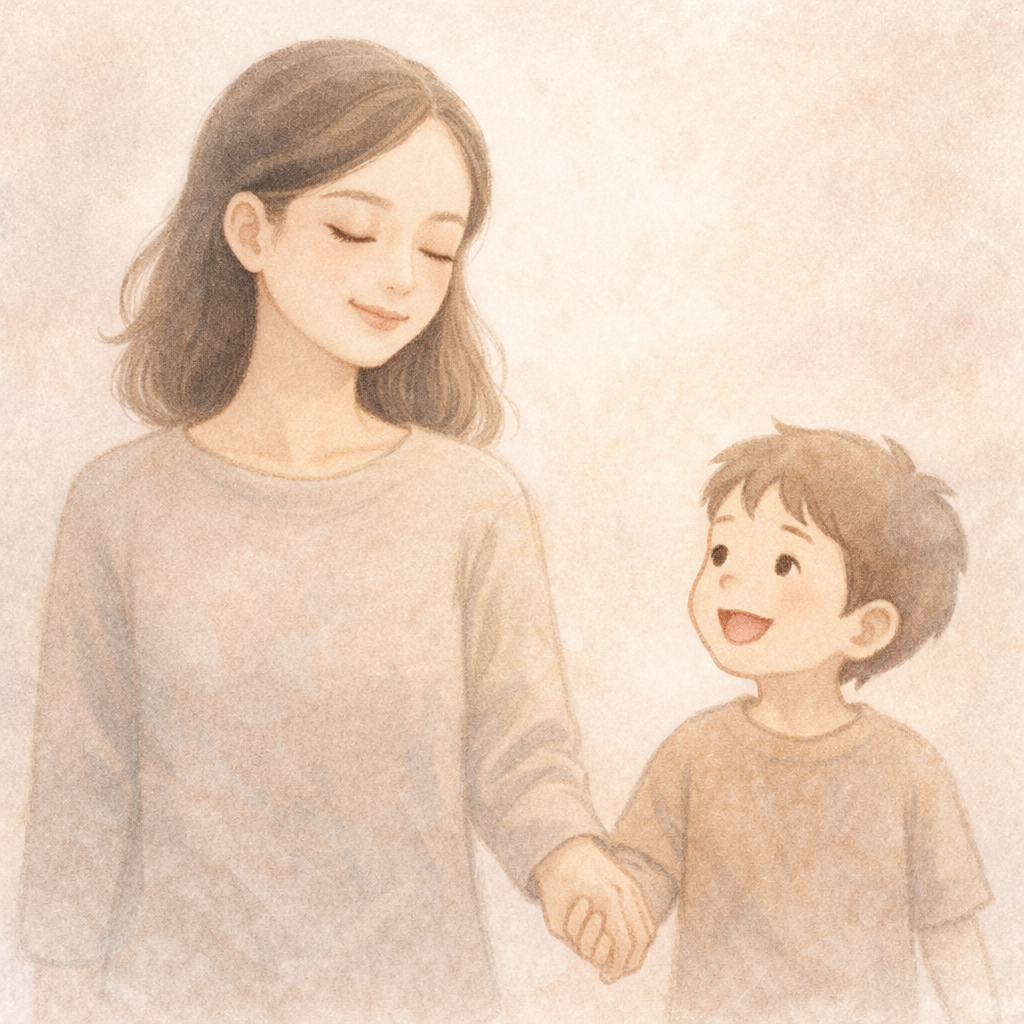 親子が手をつないで歩く全盲ママと息子の水彩イラスト。やさしい色合いで希望を表現