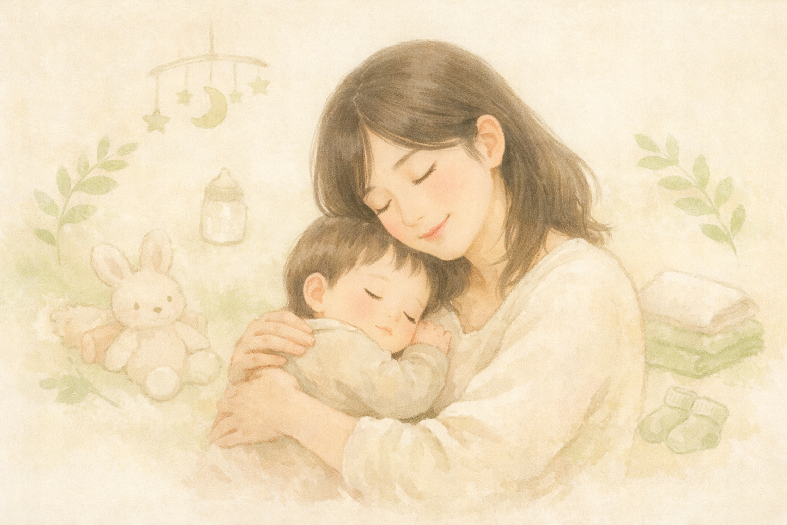 パステル画。目を閉じた母親が眠る赤ちゃんをやさしく抱きしめる。クリーム色の背景に若葉色のアクセントと育児小物が淡く描かれ、温かく穏やかな雰囲気。