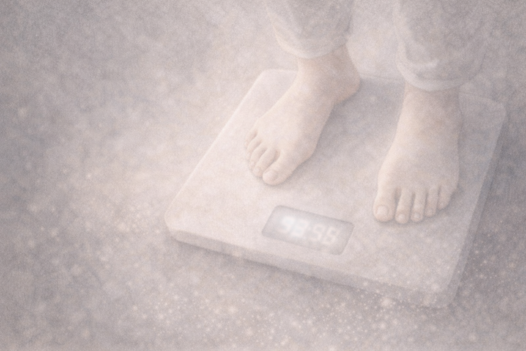 体重計に乗った足元を描いた、生理前の停滞期を象徴するソフトパステル風イラスト